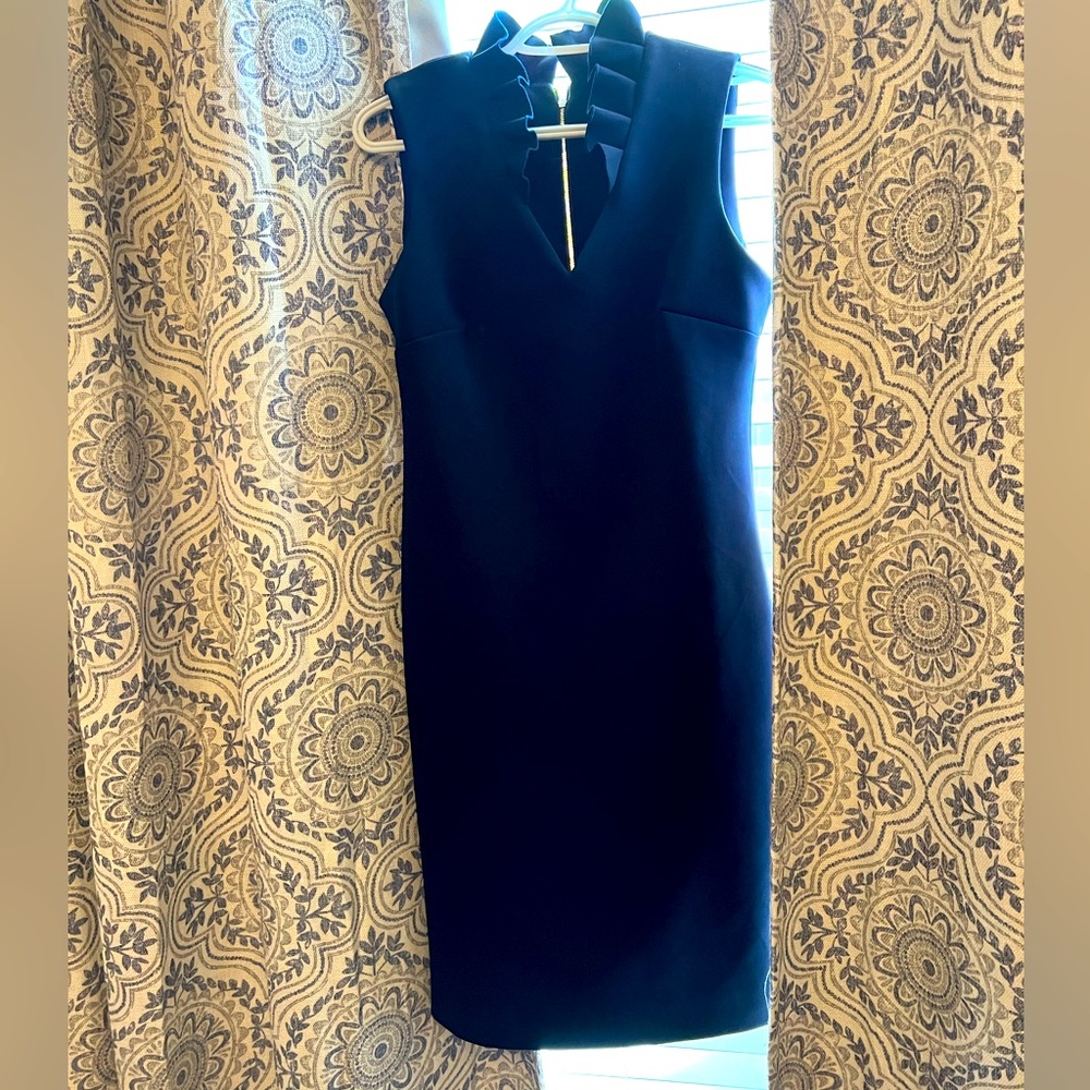 Elegant & feminine dress for work or special occasion. Navy, ruffled neckline-